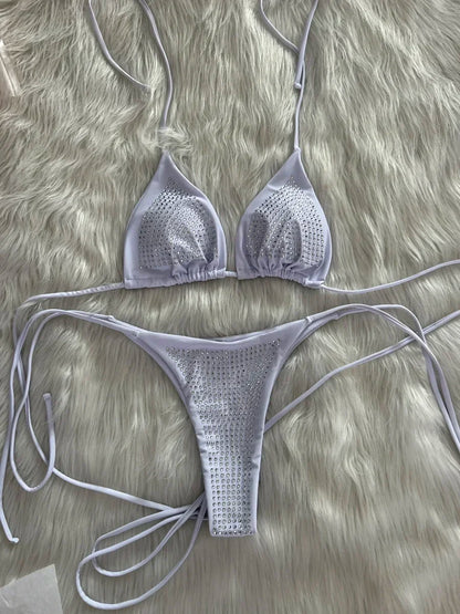 Shiny Sequin Diamond Bikini Women Swimwear Female Swimsuit Two-pieces Bikini Set Wrap Around Halter Bathing Suit Swim Beach Wear
