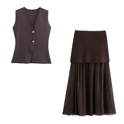 HH 2025 Women Skirt Set Wine Red Knitted V-Neck Sleeveless Slim Vest +Solid High Waist Zipper Patchwork Long Skirt Street