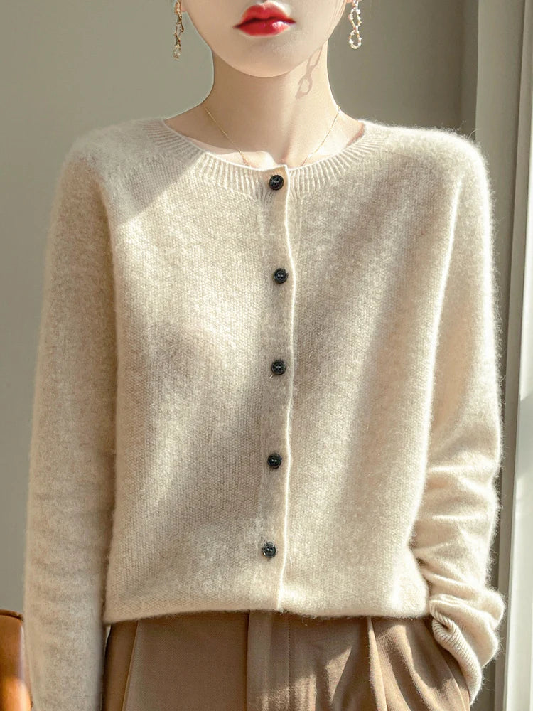 Women 100% Merino Wool Cardigan Soft O-Neck Cashmere Sweater OL Buttoned Knitwear Casual Top Clothing Korean Style