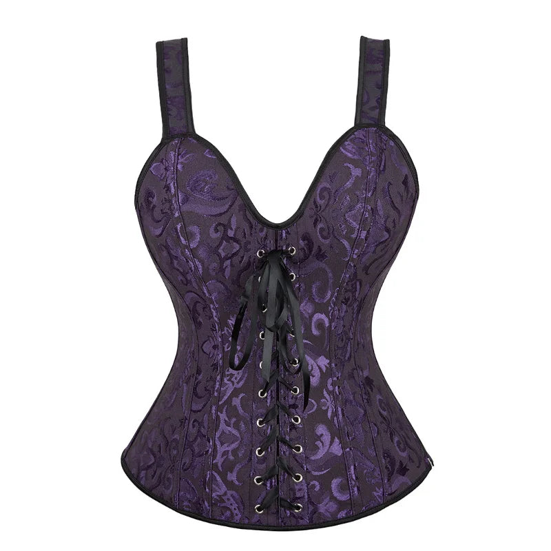 Overbust Corset Top with Straps Jacquard Corset Bustier Zipper Plus Size for Women Corset Dress with Skirt Black Red purple