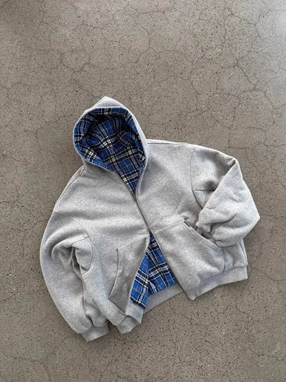Korean Fashion Simple Gray Double Sided Oversized Zipper Hoodie Women Y2K New Harajuku Gothic Casual Joker Couple Sweatshirt