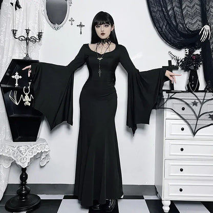 Halloween Costume Women Batwing Sleeve Floor Dress Black Gothic Evil Terror Maxi Mistress Morticia Addam Family Outfit For Adult