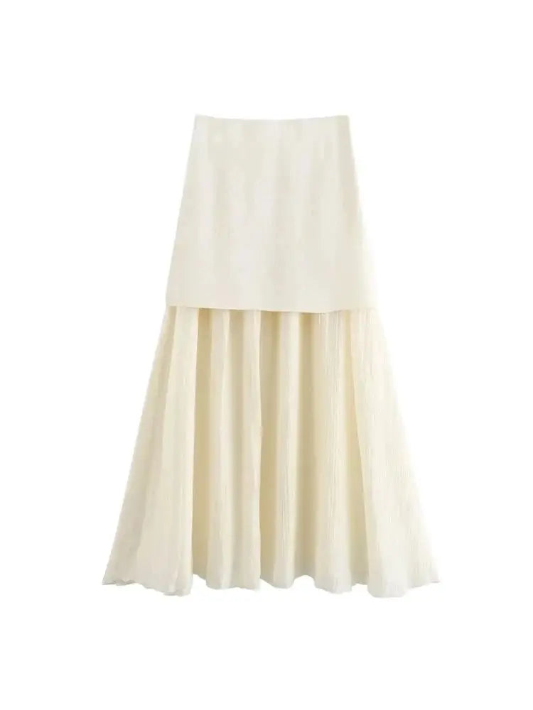 Women Fashion With Golden Buttons Knit Waistcoat And High Elastic Waist Pleated Midi Skirt Female Two Piece Sets Mujer