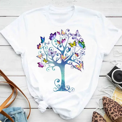 Y2k Women's Colorful Butterfly Petal Print T-Shirt, Short Sleeve, Round Neck, Cute Graphic Tee Shirts, Female Tops Clothes