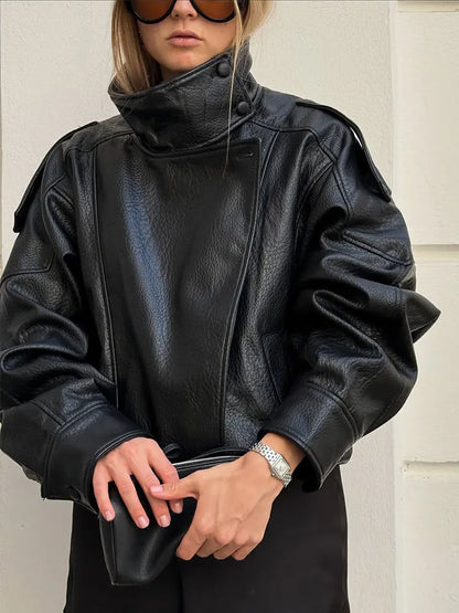 HH Autumn Faux Leather Jacket For Women Casual Solid Long Sleeve Zipper Pu Leather Coats New Fashion Female Streetwear