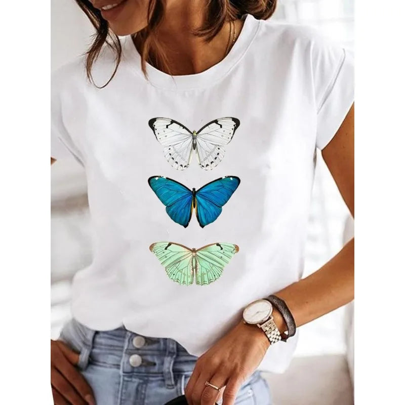 Women's Short-sleeved Explosive Insect Butterfly Dragonfly Print Round Neck T-shirt Women Clothes  Oversized T Shirt  Harajuku