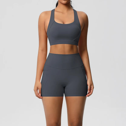 2PCS Sportswear With Pocketed Yoga Set Gym Clothes Yoga Suits For Women Tracksuits Sports Shorts Crossover Bra Gym Leggings