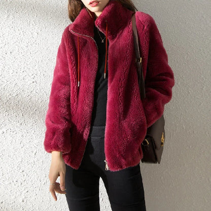 Women Autumn Winter Faux Fur Coats Zipper Cardigan Plush Thick Warm Coat Loose Oversized Outerwear Female Coral Fleece Overcoat