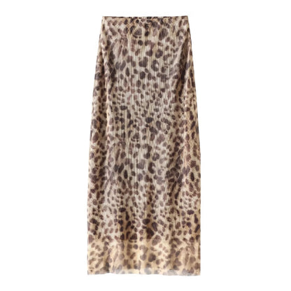 HXAO Leopard Print Tulle Skirt Woman Vintage High Waist Long Skirts For Women Summer Mesh Midi Skirt Elegant Women's Skirts
