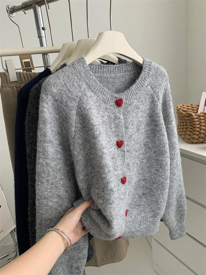 Deep Grey Wool Knitted Cardigan For Women 2026 Autumn Winter Soft And Sticky Warm Love Buckle Shoulder Sleeves