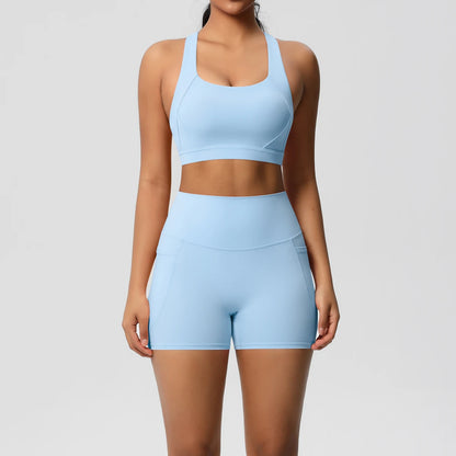 2PCS Sportswear With Pocketed Yoga Set Gym Clothes Yoga Suits For Women Tracksuits Sports Shorts Crossover Bra Gym Leggings