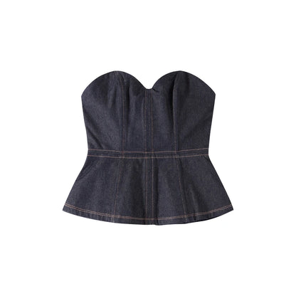 Elegant Denim Blazer Vest Pants Set Women Single-breasted V-Neck Suit Coat Strapless Tanks Straight Leg Jeans 2025 New Lady Suit