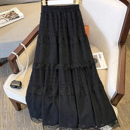 Lace Skirts Women French Style Ankle-length High Elastic Waist Hollow Out Patchwork New Loose Slim Korean  A-line Sweet Fit