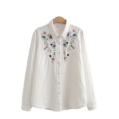 Spring Double 100% Cotton Yarn Shirts Women Turn-down Collar Loose Tops Girl Long Sleeve Embroidery Blouses 2024 Autumn T42909QM