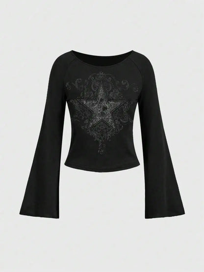 Y2K Grunge Emo Pattern Top Suitable for Autumn E-Girls Millennium Style Women's Aesthetic Gothic Printed Loose Long Sleeve T-shi