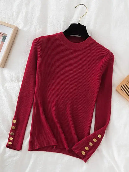 2026 women thick sweater pullovers khaki casual autumn winter button o-neck chic sweater female slim knit top soft jumper tops