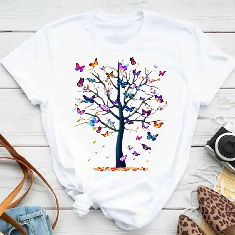 Y2k Women's Colorful Butterfly Petal Print T-Shirt, Short Sleeve, Round Neck, Cute Graphic Tee Shirts, Female Tops Clothes