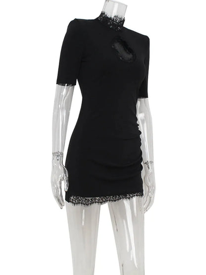 Huhugirl Lace Patchwork Hollow Out Bodycon Sheath High Collar Women Dresses Half Sleeve Outfits Sexy Club Fashion Female Vestido