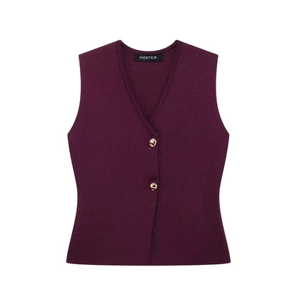 HH 2025 Women Skirt Set Wine Red Knitted V-Neck Sleeveless Slim Vest +Solid High Waist Zipper Patchwork Long Skirt Street