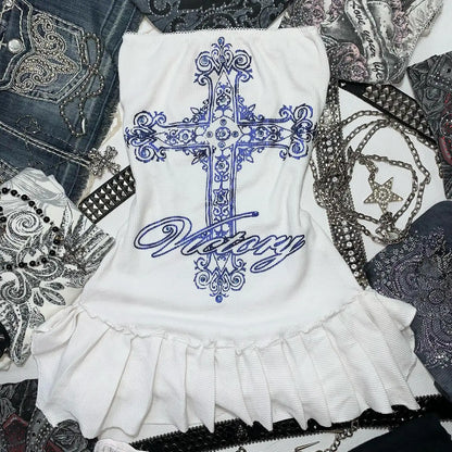 Aesthetic Y2k girl suspenders Top Y2k Clothes blue Gothic bow Slimming Bottom for Women dress Sexy Girls high street character