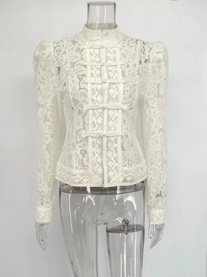 Tossy Summer Lace Printed Shirts Tops Female Hollow Out Fashion Commute Vintage See-Through Blouse Women's Lace Shrug Shirts New