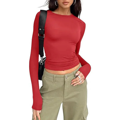 1pcs Four Seasons Fashion Senior Women T-shirt Long Sleeve Crew Neck Solid Slim Fit Tee Ladies Crop Top  Daily Streetwear Camis