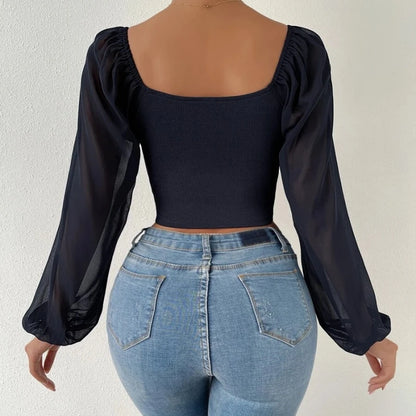 2024 Woman’s Tops Puff Sleeve Sexy Close-Fitting Summer and Spring Lace up V-neck Fashion Solid Color Simple Long Sleeve Hot