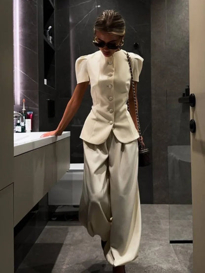 Women's Frog Button Puff Sleeve Shirt Trousers Set O-neck Leg-binding Lantern Pants Suits Lady 2026 Spring Summer Female Outfits