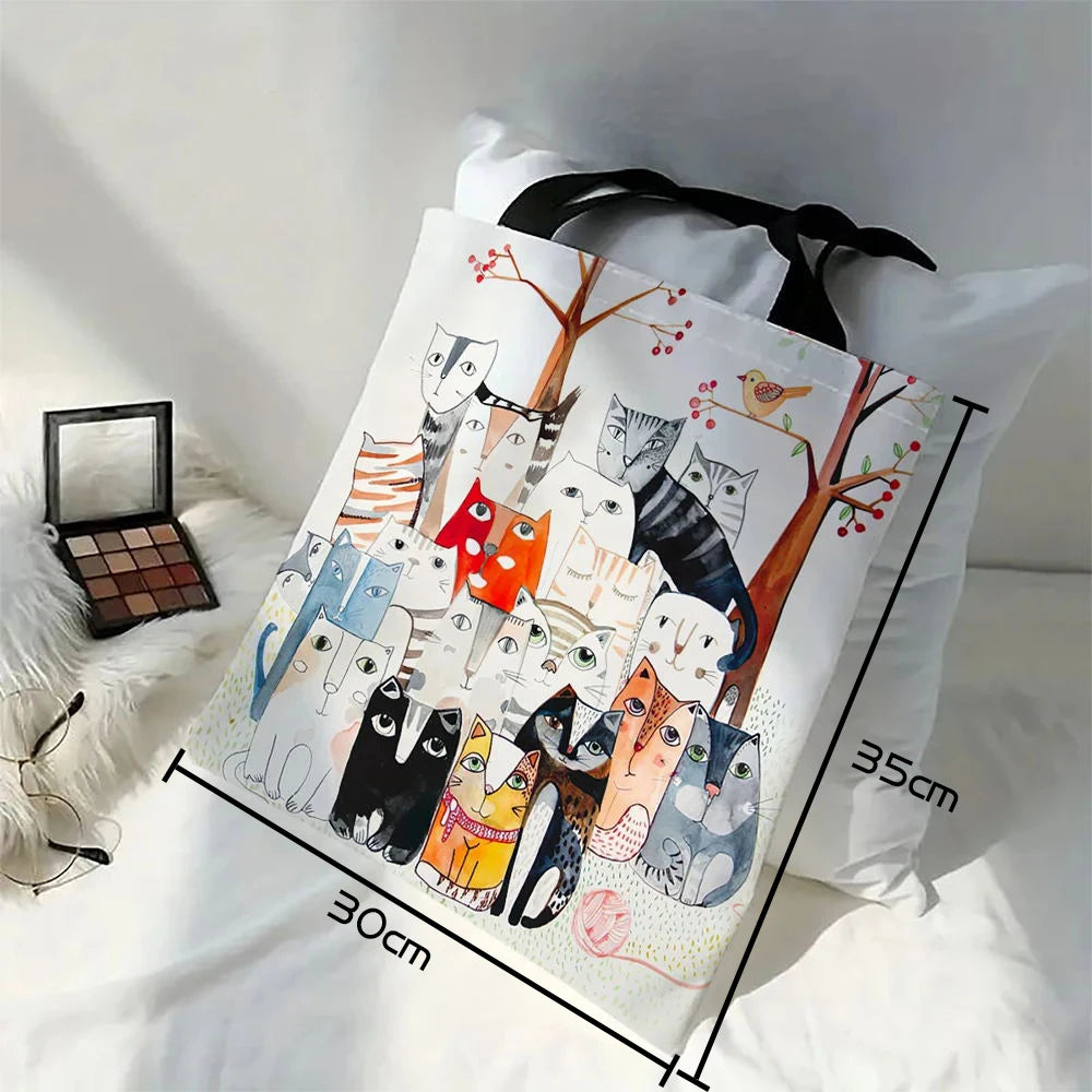 Many Cats Painting Tote Bag, Summer Travel Beach Shoulder Bag, Reusable Grocery Shopping Bag