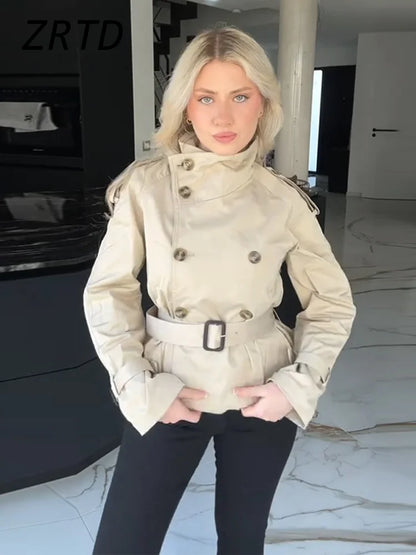 Fashion Women's Short Belt Jackets Turtleneck Double Breasted Full Sleeve Female Trench Coats 2025 Autumn Lady Commute Outwear