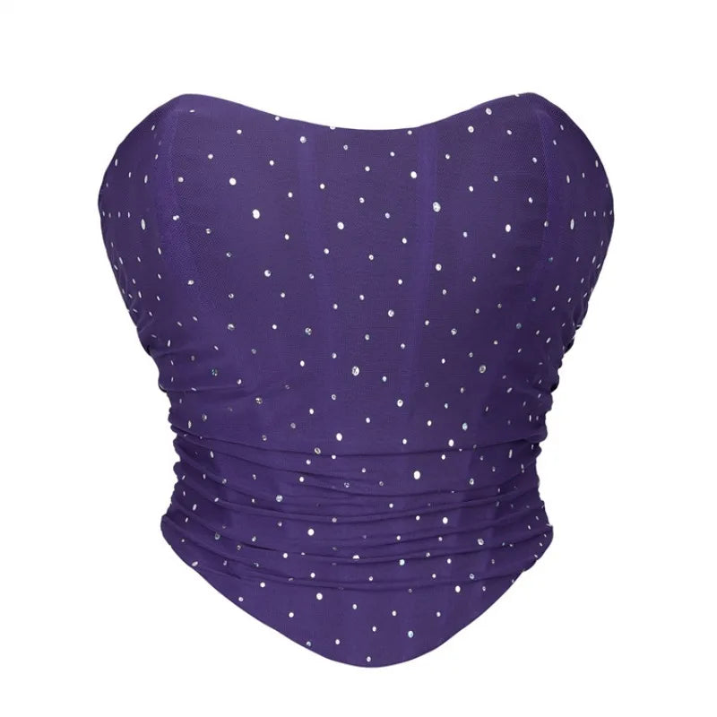 Summer Women Sexy Corset Crop Top Rhinestone Backless Lace Up Bustier Female Club Party Camisole Underwear