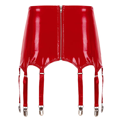 Womens Garters Latex Skirts Suspender Garters Belt Wet Look Patent Leather Mini Skirts Garters with Metal Clips Clubwear Costume