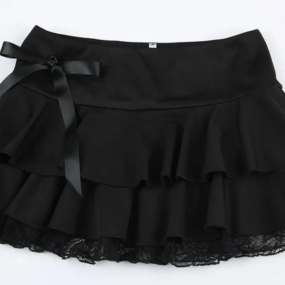 Goth Y2K Black Lace Trim Bow A Line Mini Skirt Women Korean Streetwear