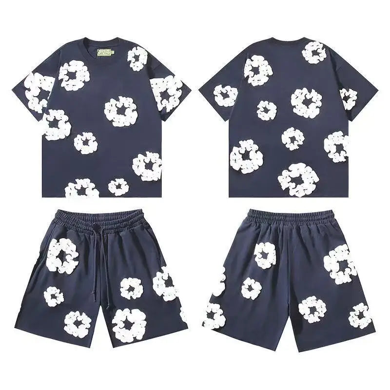 DENIM TEARS Summer Hot Selling European and American Fashion Hip Hop Printed Short Sleeve Set High Street Loose Sportswear