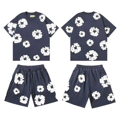 DENIM TEARS Summer Hot Selling European and American Fashion Hip Hop Printed Short Sleeve Set High Street Loose Sportswear