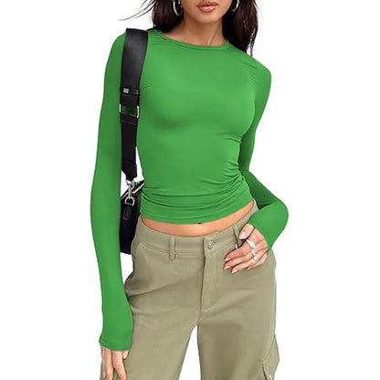 1pcs Four Seasons Fashion Senior Women T-shirt Long Sleeve Crew Neck Solid Slim Fit Tee Ladies Crop Top  Daily Streetwear Camis