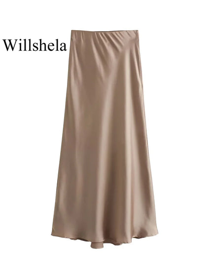 Willshela 2024 Black Satin Skirt Woman High Waist Elegant Long Skirts For Women Fashion Summer Midi Skirt Office Women's Skirts