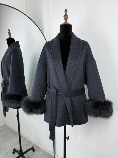 Tossy Fox Fur Wool Overcoat Women's Short Coat Office Lady Elegant Double-sided Woolen Coat 2025 New Cardigan Jackets Loose Wool