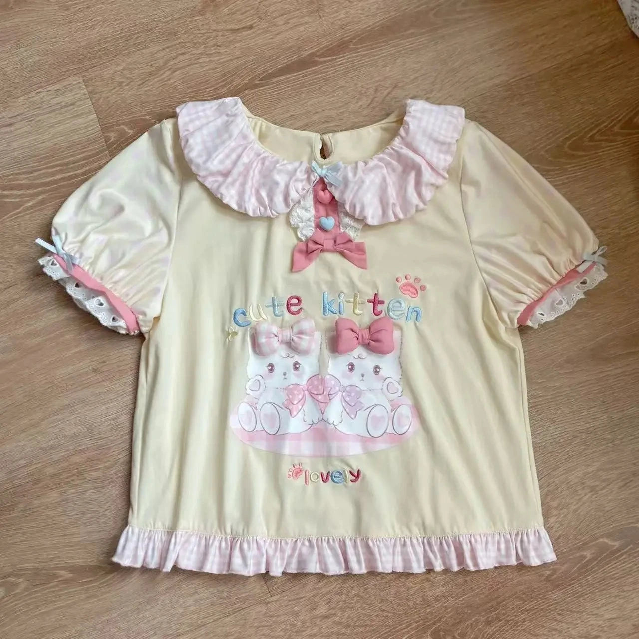 Japanese Kawaii Crop Tops Cartoon Print Harajuku Lolita Short Sleeve T-shirts Women Y2k Aesthetic Slim Tee Vintage Fairy Grunge