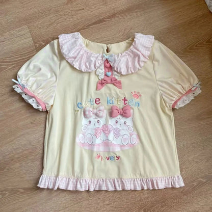 Japanese Kawaii Crop Tops Cartoon Print Harajuku Lolita Short Sleeve T-shirts Women Y2k Aesthetic Slim Tee Vintage Fairy Grunge