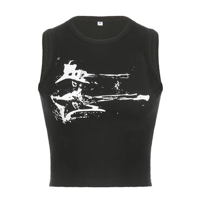 Guitar Print Sleeveless Tank Top Y2K Casual Ribbed Women Grunge Crop Top Harajuku Fashion Vest Tee 90s Street Outfits
