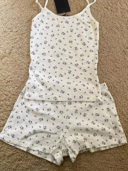 Strawberry Vest Shorts 2 Pieces Set Woman Eyelet Bow Slim Tank Top with Elastic Waist Patchwork Straight Short Pant Sweet Sets