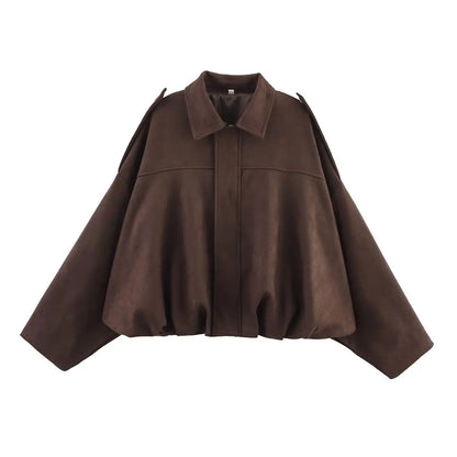 HH Women's Street Fashion Solid Loose Suede Texture Coats Causal Long Bat Sleeves Lapel Zipper Fly Winter Vintage Jackets