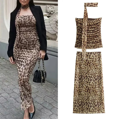 MUJER Leopard Print Tulle Crop Top Woman Ruched Off Shoulder Bandeau Top Women Sleeveless Backless Tube Top Summer Sexy Tops