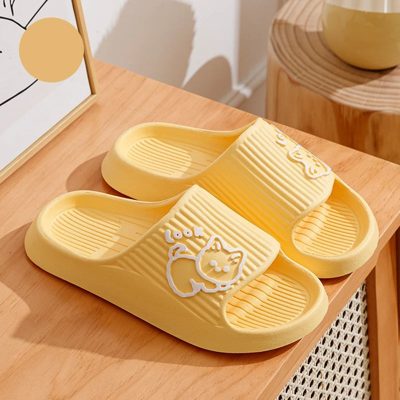 Cute Cartoon Kitten Women's Summer Slippers Indoor Bathroom Cloudy Soft Sole Non-slip Leisure Comfort Couple Home Shoes