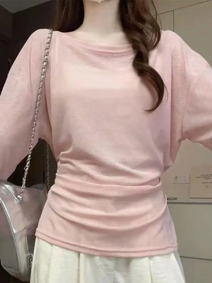 See Through Long sleeve Oversize T shirt Women Sexy Back Bandage Off shoulder Top Female Basic Long Tees Korean Chic Lady New