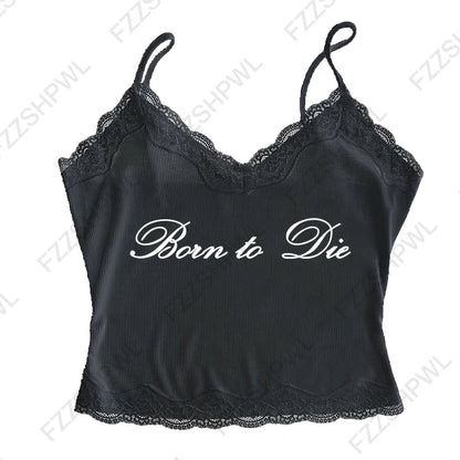 Women's Sleeveless Camisole Y2K Sexy Lace Streetwear Hip Hop Punk Rock vintage Emo Girls Chic Letter Print Gothic Slim baby Tops