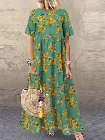 ZANZEA Summer Maxi Dress Women's Vintage Printed Sundress Casual Loose Short Sleeve Vestidos Vacation High Waist Robe Femme 2024