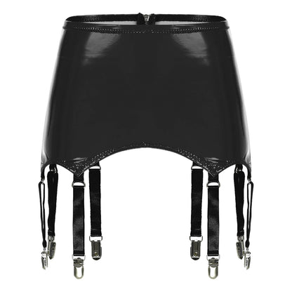 Womens Garters Latex Skirts Suspender Garters Belt Wet Look Patent Leather Mini Skirts Garters with Metal Clips Clubwear Costume