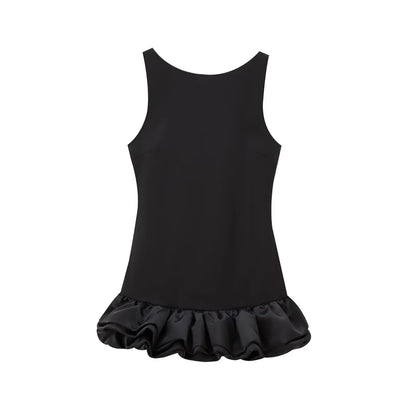Women's Patchwork Voluminous Mini Dress, O-Neck, Backless With Zipper, Female Dresses, Sexy Fashion
